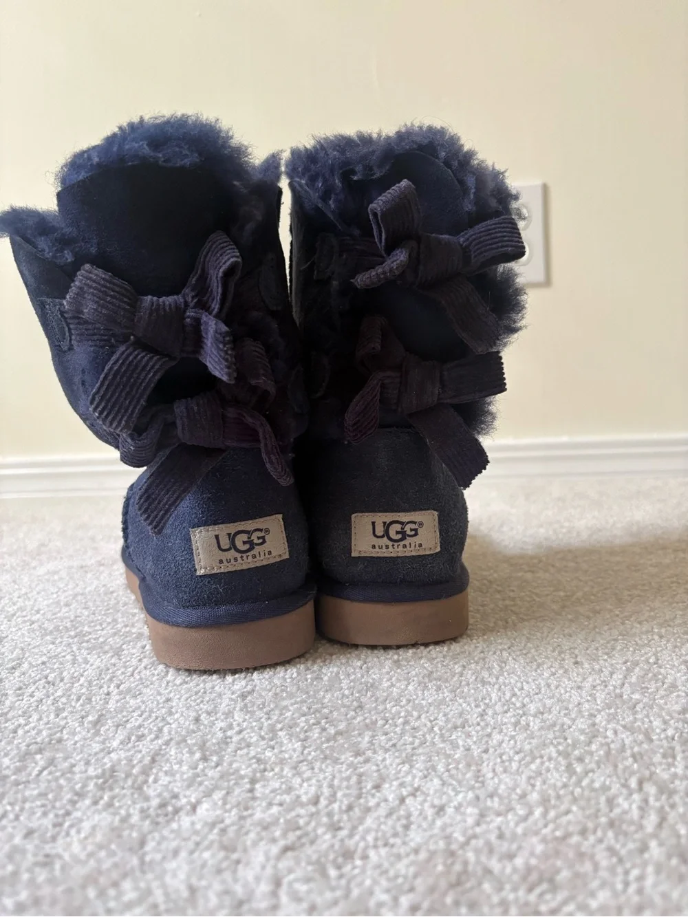 UGG Navy Suede Shearling Slippers with Back Bows